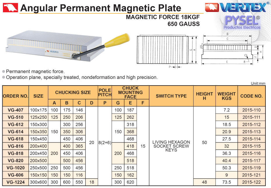 platos magneticos rectangulares a palanca de iman permanente marca vertex, platos mecanicos para rectificadoras tornos fresas y mesas de rectificado