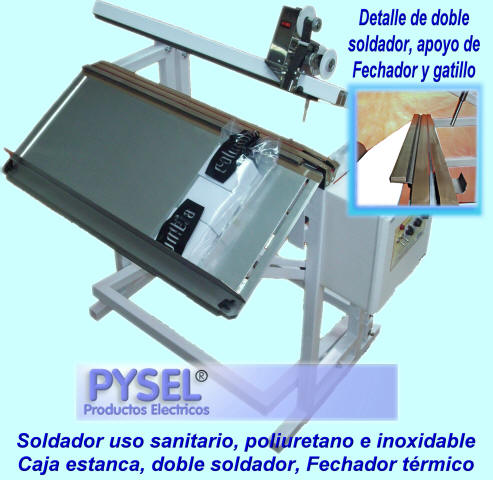 Envasadoras industriales Aplicaciones manuales Soldadora selladora de polietileno, polipropileno, bicapa. tricapaca de alta produccin apta para uso en frigorficos, industria alimenticia, uso sanitario, automatica con doble soldadodura y fechador trmico,  mesa de acero inoxidable, construccin de uso sanitario con pintura poluiretanica.