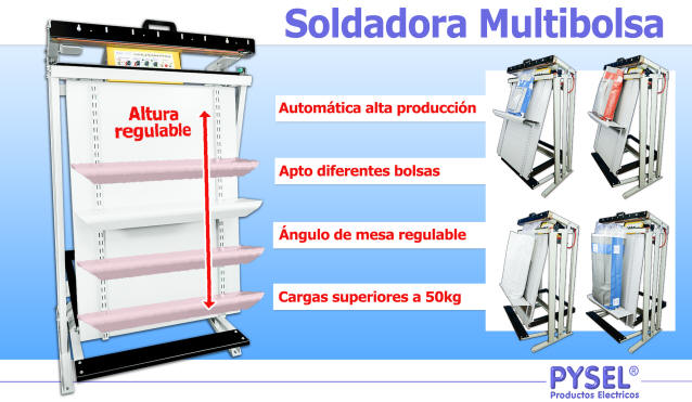 soldadora automatica vertical horizontal polietileno, polipropilemo, bicapa, multicapa, hasta 400micrones con fuelle mesa de apoyo multiple uso variable en altura y angulo de apoyo