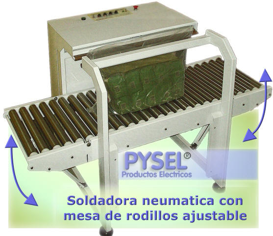 Soldadora de bolsas vertical, para linea de envasado, con rodillos, ajustable en altura y angulo de los laterales, automatizada con pistones neumaticos