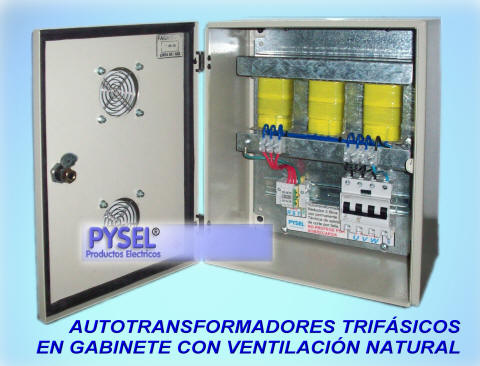 autotransformadores industriales trifasicos servicio permanente en gabinete estanco aireacion natural uso continuo elevadores o reductores acometida en borneras y termomagnetica